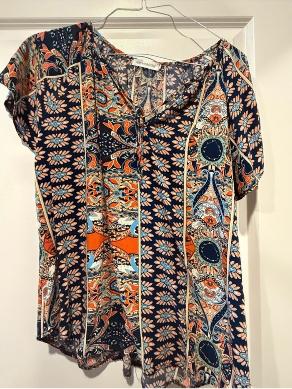 Navy Floral Paisley Short-Sleeve Top